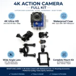 Dominate the Elements with the Ultimate Dash & Survival CamThis rugged 4K Ultra HD action camera pulls double duty as a high-performance tactical dash cam and durable survival camera. Engineered for extreme environments, it features a 170° wide-angle lens that acts as a wide-view windshield video recorder or an expansive trail cam. Equipped with reliable WiFi connectivity, you can instantly download emergency footage straight to your phone. The included heavy-duty 30m waterproof case doubles as a dustproof shield, while the full accessory kit provides secure suction cup car mounts and roll-bar brackets for off-roading, overlanding, and security monitoring.Technical SpecificationsVideo Resolution: 4K Ultra HD loop-recording / 1080p high-speed dashcam video captureTactical Environmental Protection: 30 Meters (100 Feet) sealed waterproof housing for extreme mud, rain, and snow protectionField of View: 170-degree ultra-wide lens to eliminate blind spots on the road or the trailWireless Data Sync: Built-in WiFi camera transmitter for instant wireless file transfer to mobile appsVehicle & Tactical Mounts: Full accessory kit including car windshield mounts, zip ties, and adhesive padsPower & Storage: Supports continuous USB car charging and high-capacity MicroSD cards for long-duration loop recording