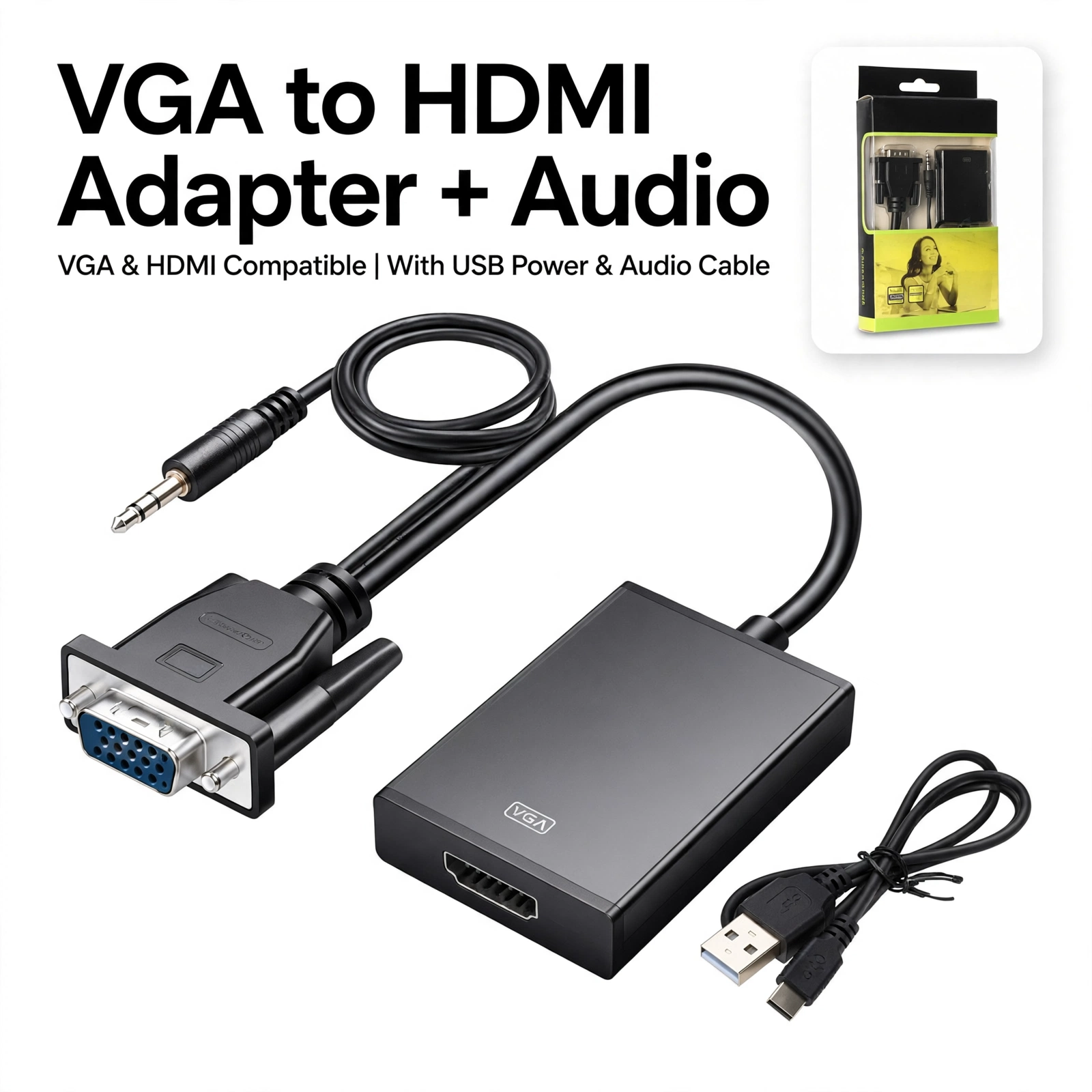 1080p VGA to HDMI Converter Adapter with 3.5mm Audio Jack for Desktop Laptop Computer to HD TV Display Monitor Projector VGA to HDMI Adapter with Audio, 1080p Full HD Video Converter for PC Laptop to TV Monitor