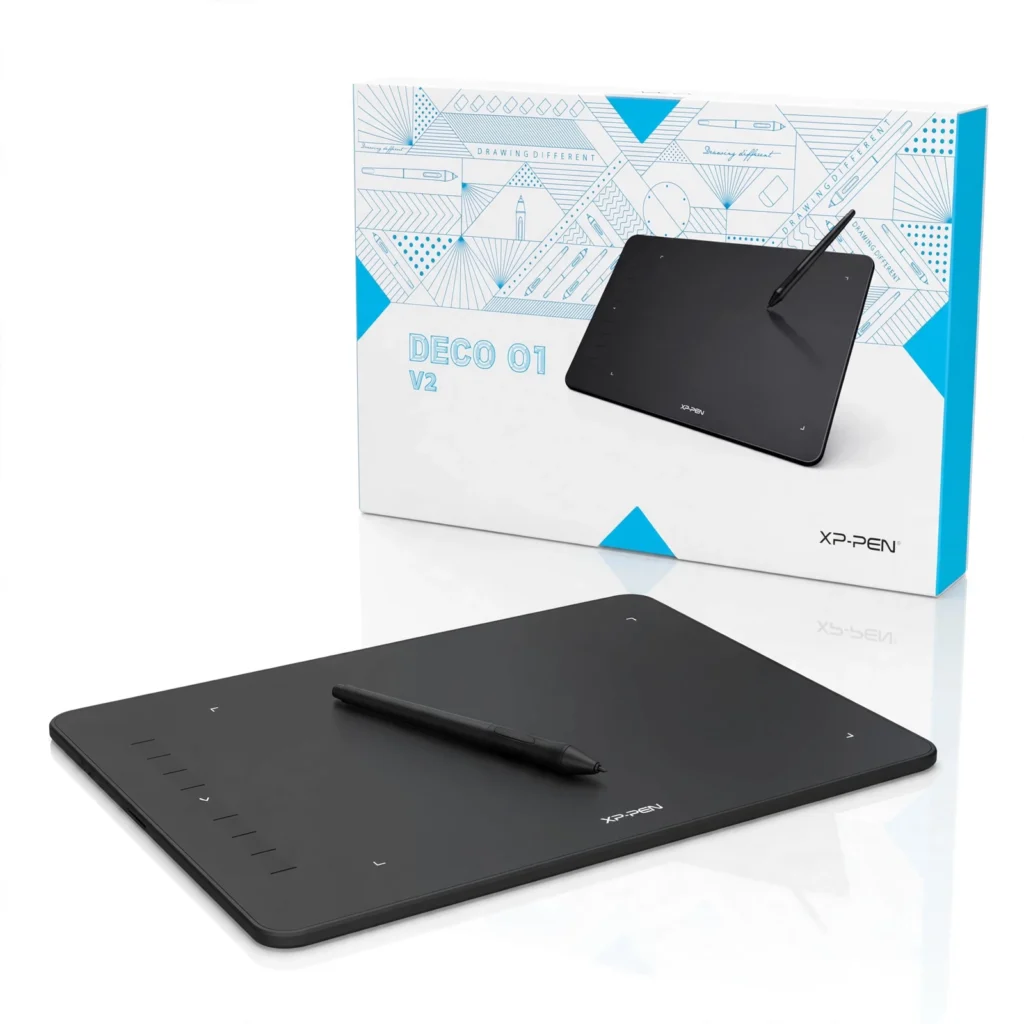 This is an XP-Pen Deco 01 V2 graphics tablet package.